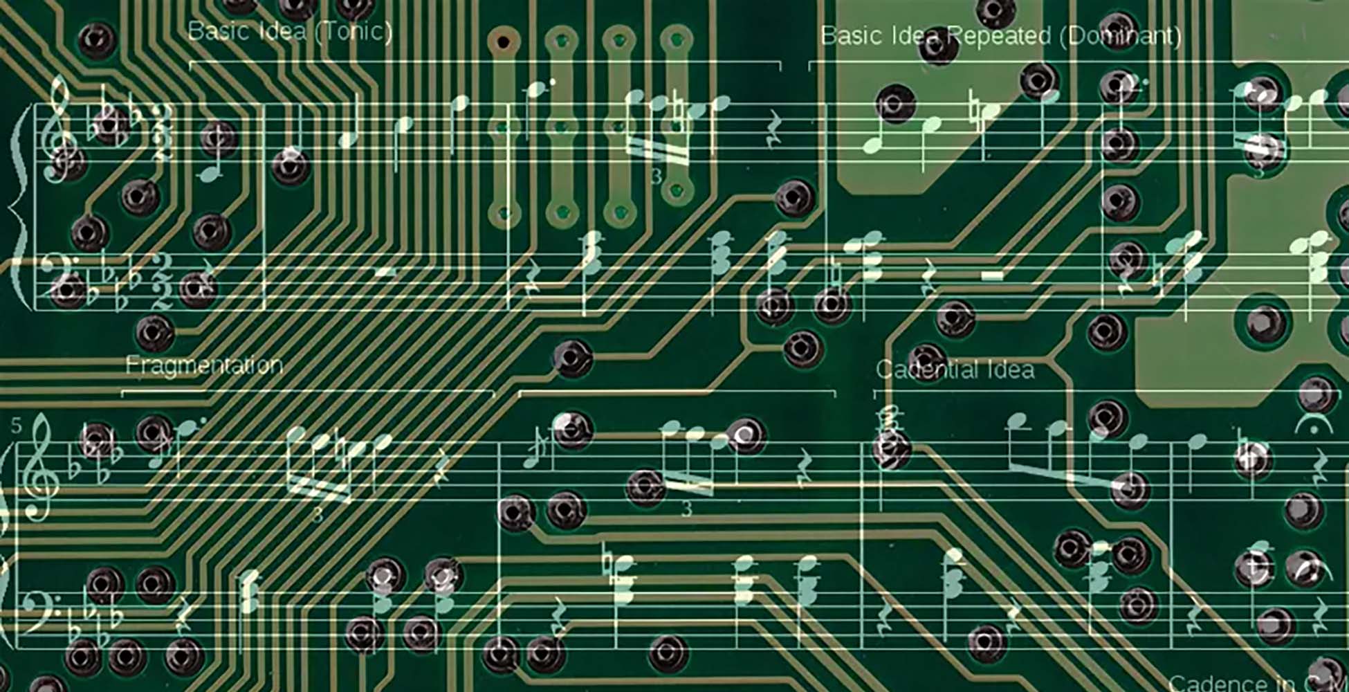 Pattern of musical notes on a circuit board
